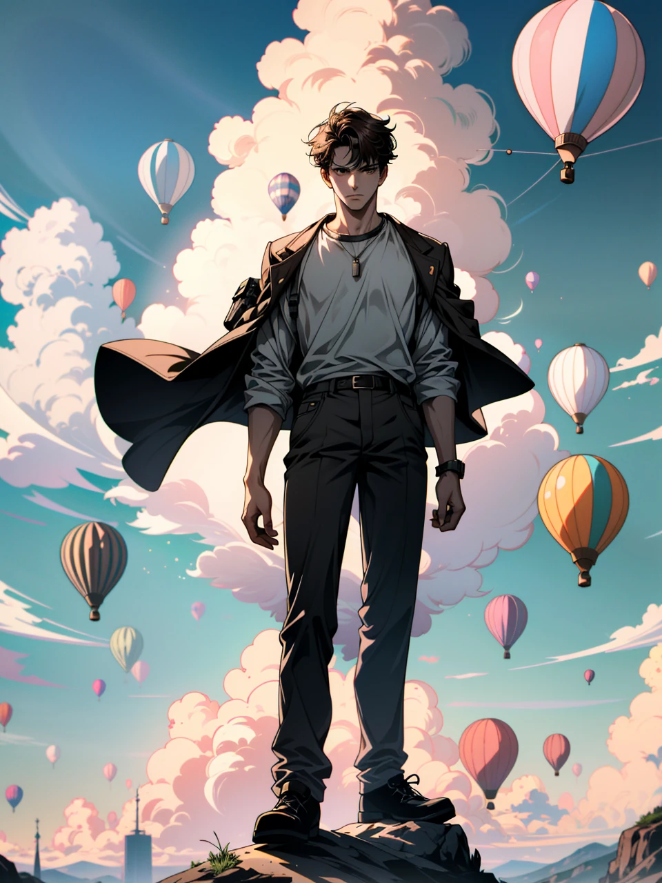 ((ultra detailed, masterpiece, absurdres))
A young men  standing on top of a skycraper, white and pink cloud, hd, 
UncNathan, solo, short hair, brown hair, full body, Pastel-colored Hot Air Balloons in a Clear Sky