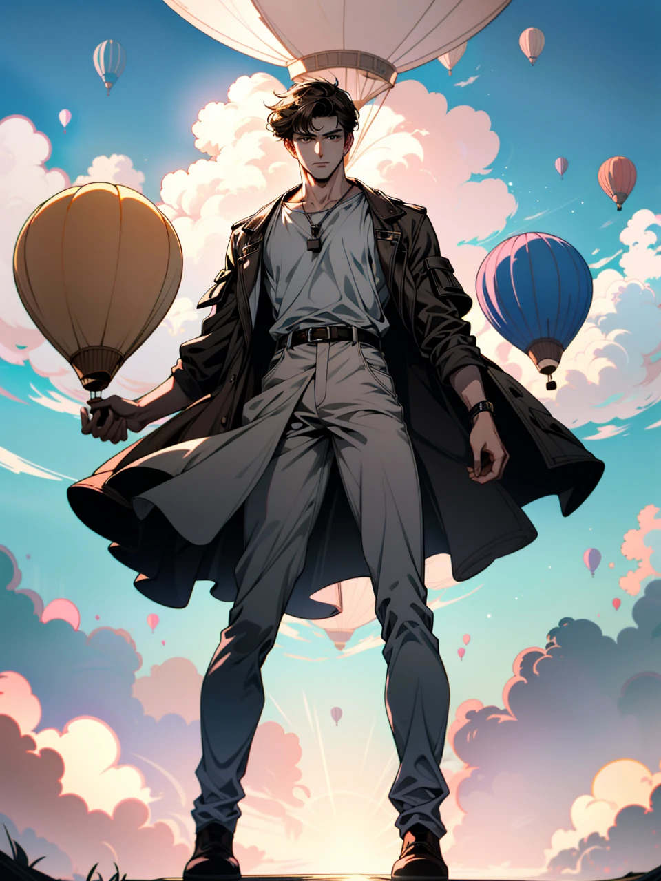 ((ultra detailed, masterpiece, absurdres))
A young men  standing on top of a skycraper, white and pink cloud, hd, 
UncNathan, solo, short hair, brown hair, full body, Pastel-colored Hot Air Balloons in a Clear Sky