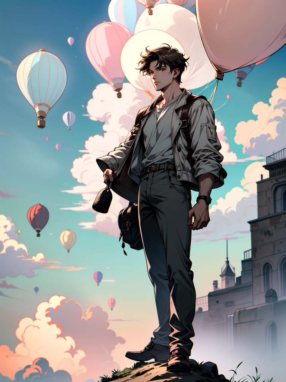 ((ultra detailed, masterpiece, absurdres))
A young men  standing on top of a skycraper, white and pink cloud, hd, 
UncNathan, solo, short hair, brown hair, full body, Pastel-colored Hot Air Balloons in a Clear Sky