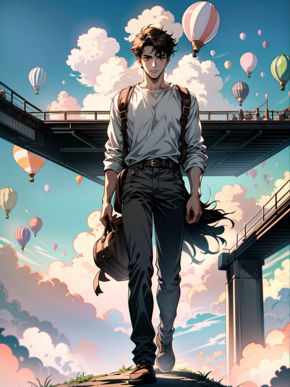 ((ultra detailed, masterpiece, absurdres))
A young men  standing on top of a skycraper, white and pink cloud, hd, 
UncNathan, solo, short hair, brown hair, full body, Pastel-colored Hot Air Balloons in a Clear Sky