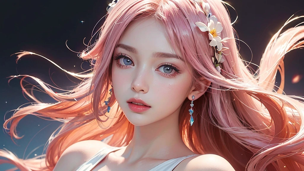 One girl, alone, flower畑, flower, (Official Art, unity 8k wallpaper, Super detailed, beautifully、aesthetic, masterpiece ,Highest quality:1.3), (Dynamic Angle:1.2), (Floating colorful sparkles:1) , elegant, Vibrant colors, Highly detailed face, Detailed eyes, Glowing Skin, Glossy Lips , Pale pink and pale orange background, Pink Hair,