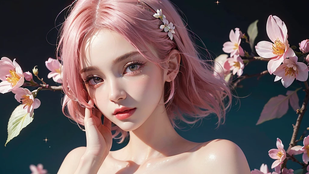 One girl, alone, flower畑, flower, (Official Art, unity 8k wallpaper, Super detailed, beautifully、aesthetic, masterpiece ,Highest quality:1.3), (Dynamic Angle:1.2), (Floating colorful sparkles:1) , elegant, Vibrant colors, Highly detailed face, Detailed eyes, Glowing Skin, Glossy Lips , Pale pink and pale orange background, Pink Hair,