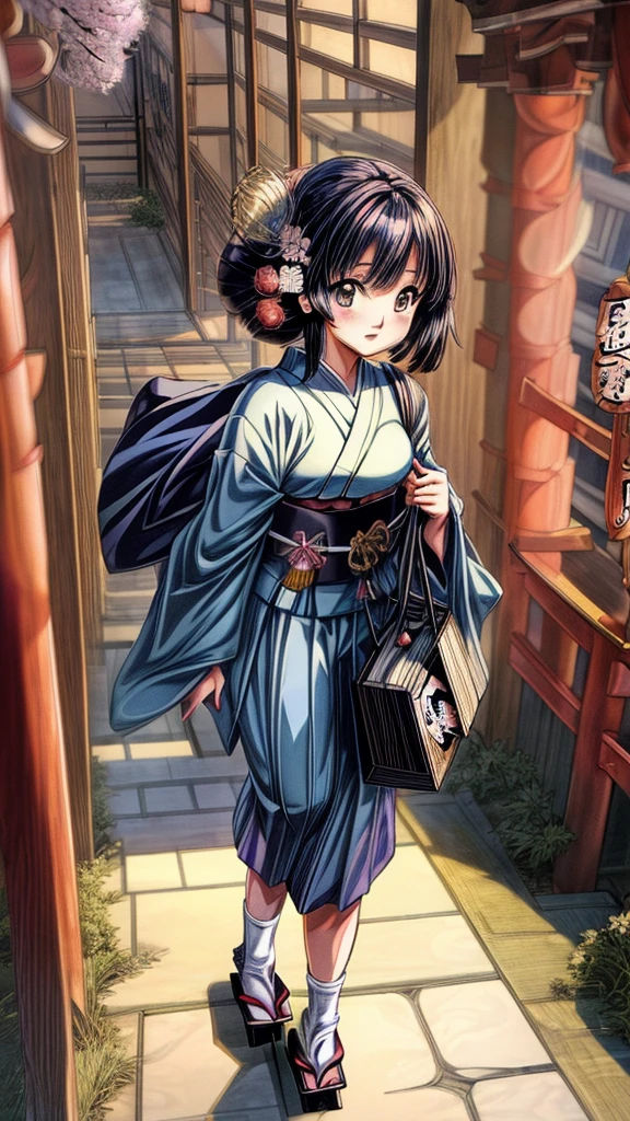 Best quality,(masterpiece:1,2),highres,original,perfect lighting,extremely detailed wallpaper,(extremely detailed CG:1.2),(Japanese manga style:2),Studio Ghibli,Hayao Miyazaki style,high saturation,rich details,A girl carrying a bag walking down the street,cartoon style,Japanese cartoon,