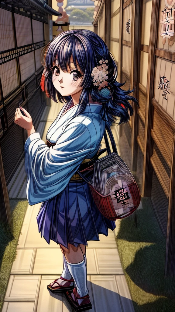 Best quality,(masterpiece:1,2),highres,original,perfect lighting,extremely detailed wallpaper,(extremely detailed CG:1.2),(Japanese manga style:2),Studio Ghibli,Hayao Miyazaki style,high saturation,rich details,A girl carrying a bag walking down the street,cartoon style,Japanese cartoon,