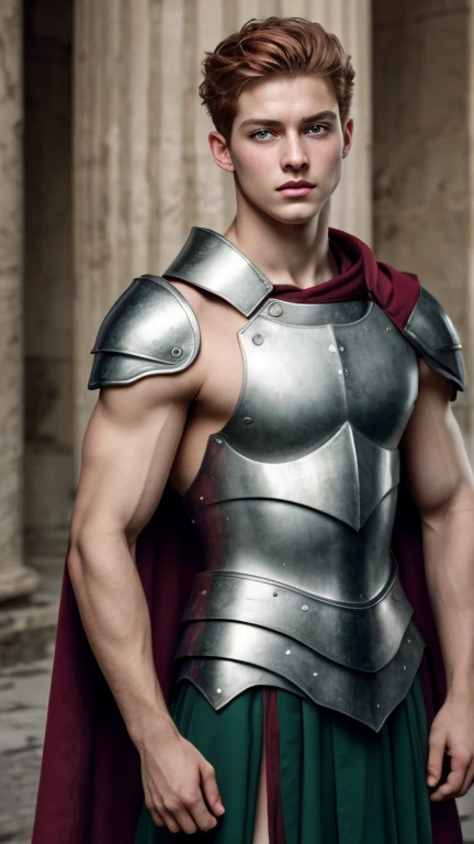 Portrait, 1boy, 20 years old, armor, warrior, bbreastplate armor, cape, roman warrior skirt, ancient Rome, handsome, Greek model, ginger boy, readhead, red-hair, albino, pale skin, green eyes, symmetrical, focus on the boy, medium shot, looking at the camera, film grain, young god greek, beauty, pose, super model, warrioir, young god greek beauty, representation of a Greek god, glorious, majestic, supreme, nature, artistic portrait, artistic pose, photography award, realistic