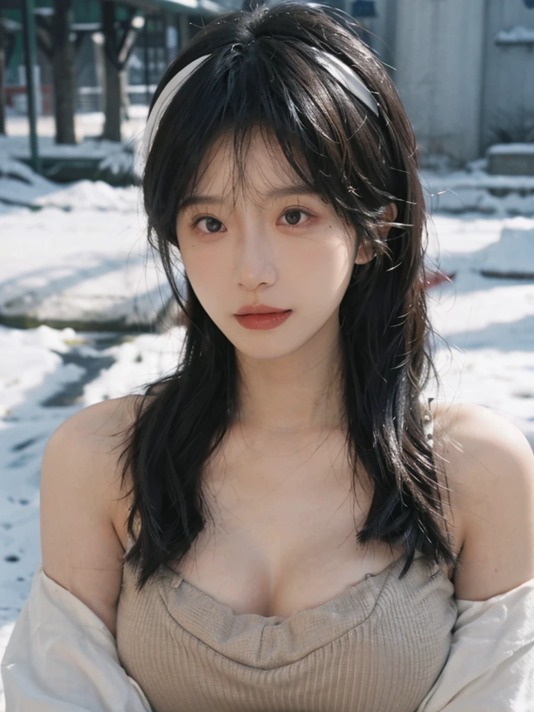 Portrait photography，1 girl，Snow Scene，Snowing background，Push-up non-slip tube top ，（whole body：1.4），Lipstick，(Big Breasts:1.4)，Headband，serene，calm，(Realistic and detailed eyes，Natural skin texture，Realistic facial details)，