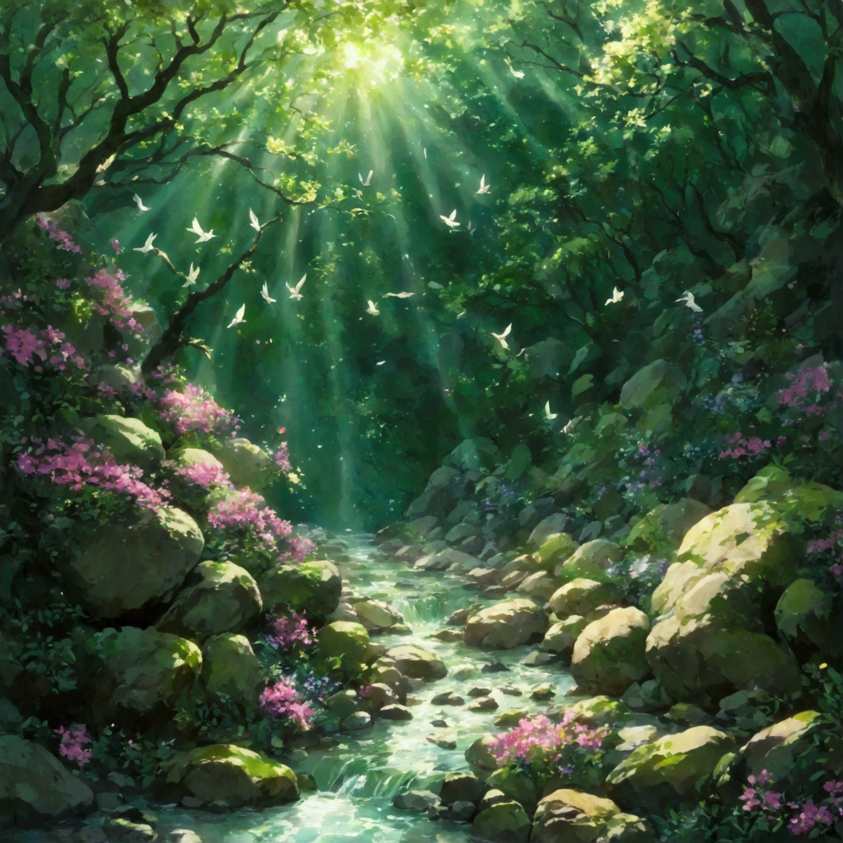 dim、forest、green、wood々、flower、Wind、river、stone、rock、cave、Fairy、spring、water、Light、magic、mystery、life、Silence、wood漏れ日、苔むしたstone、キラキラと輝くwater、Birds chirping