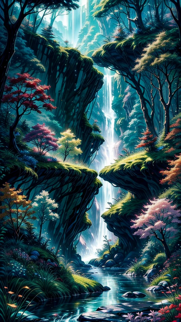 Ghibli summer 从西式房间可欣赏Sunset海景森林深处居住着妖精的村庄的氛围.,The trees covered half of the sky, Hazy mist, Flowing light flow, Small winding waterfall, Beautiful waterfall, Beautiful fantasy painting, bioluminescent waterfall, Golden skylight, Epic surrealist 8k oil painting, European style small house fairy tale house, Indoor lighting, Giant Wood Forest, dusk, Sunset, Calm stream, Magnificent tree,