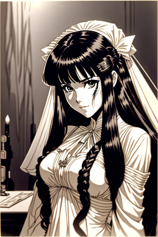Lynn Minmay, One girl, alone, Monochrome, Braiding, View your viewers, dress, Long Hair, Traditional Media, sign, bangs, compensate, with own hands, Black Hair, Upper Body, lipstick, Drill Hair, artist name, twin Braidings, Bridal Gauntlet, No sleeve