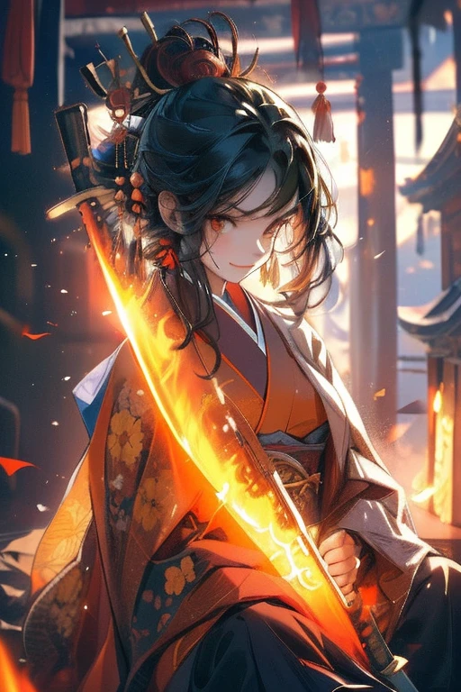Perfect face. Perfect hands. A black haired woman with orange eyes in a pretty kimono is sitting while holding a flaming sword in a shrine while smiling in ribbons of fire
