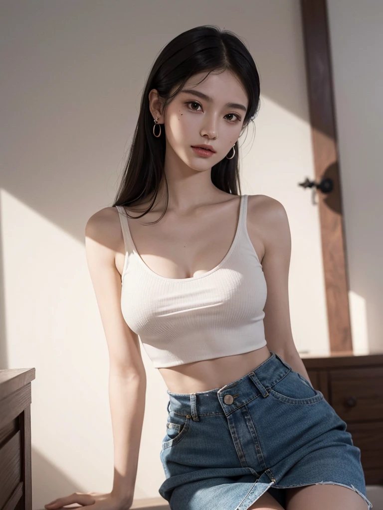 absurdres, RAW photo, extremely delicate and beautiful, masterpiece, Best Quality, ultra high resolution, 32k, hyperrealistic, ultra-detailed, perfect anatomy, super Detailed skin, perfect figure, Super Beauty, Perfect Style, Perfect balance, Beautiful Lighting, Perfect Lightning, Realistic Shadows, 20 years old, very Slim body, narrow waist, very small head, very small face, delicate facial features, handsome detailed woman, very detailed eyes and face, realistic face proportions, Realistic beautiful face, Realistic beautiful eyes, tearful mole, earring, very huge round breasts, legs, medium hair, asymmetrical hair, full body shot, indoor, tank top, crop top, skirt, sleeveless, whole legs,