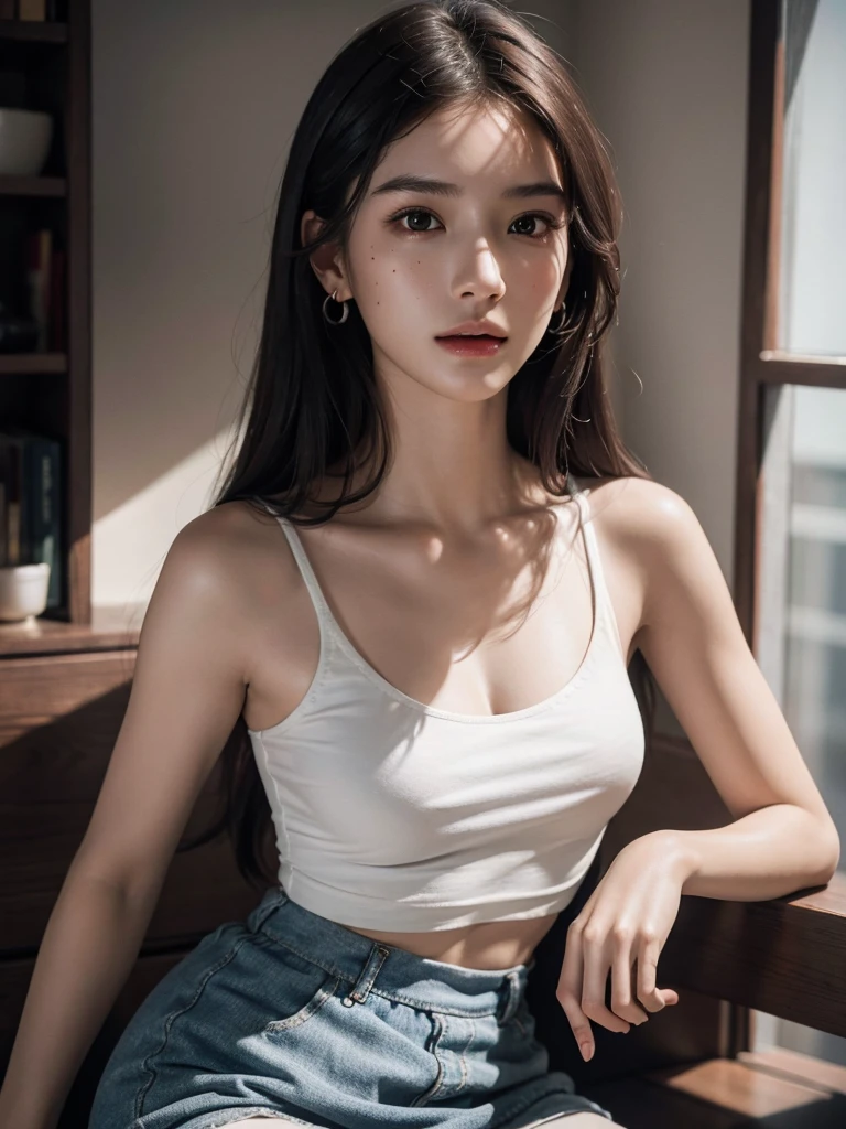 absurdres, RAW photo, extremely delicate and beautiful, masterpiece, Best Quality, ultra high resolution, 32k, hyperrealistic, ultra-detailed, perfect anatomy, super Detailed skin, perfect figure, Super Beauty, Perfect Style, Perfect balance, Beautiful Lighting, Perfect Lightning, Realistic Shadows, 20 years old, very Slim body, narrow waist, very small head, very small face, delicate facial features, handsome detailed woman, very detailed eyes and face, realistic face proportions, Realistic beautiful face, Realistic beautiful eyes, tearful mole, earring, very huge round breasts, legs, medium hair, asymmetrical hair, full body shot, indoor, tank top, crop top, skirt, sleeveless, whole legs,