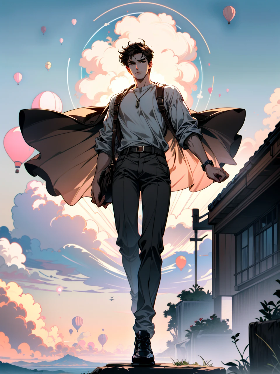 ((ultra detailed, masterpiece, absurdres))
A young men  standing on top of a skycraper, white and pink cloud, hd, 
UncNathan, solo, short hair, brown hair, full body, Pastel-colored Hot Air Balloons in a Clear Sky