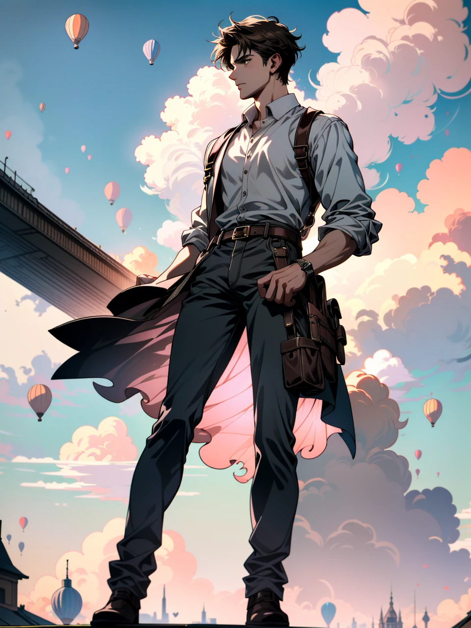 ((ultra detailed, masterpiece, absurdres))
A young men  standing on top of a skycraper, white and pink cloud, hd, 
UncNathan, solo, short hair, brown hair, full body, Pastel-colored Hot Air Balloons in a Clear Sky