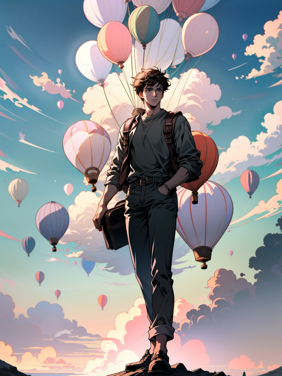 ((ultra detailed, masterpiece, absurdres))
A young men  standing on top of a skycraper, white and pink cloud, hd, 
UncNathan, solo, short hair, brown hair, full body, Pastel-colored Hot Air Balloons in a Clear Sky