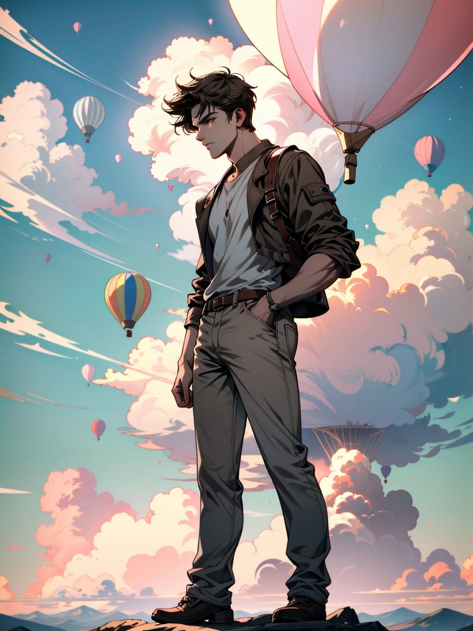 ((ultra detailed, masterpiece, absurdres))
A young men  standing on top of a skycraper, white and pink cloud, hd, 
UncNathan, solo, short hair, brown hair, full body, Pastel-colored Hot Air Balloons in a Clear Sky