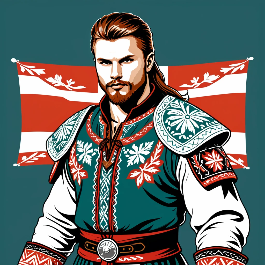 hungarian fighter in nordic folk outfit, vector graphics, strong contours