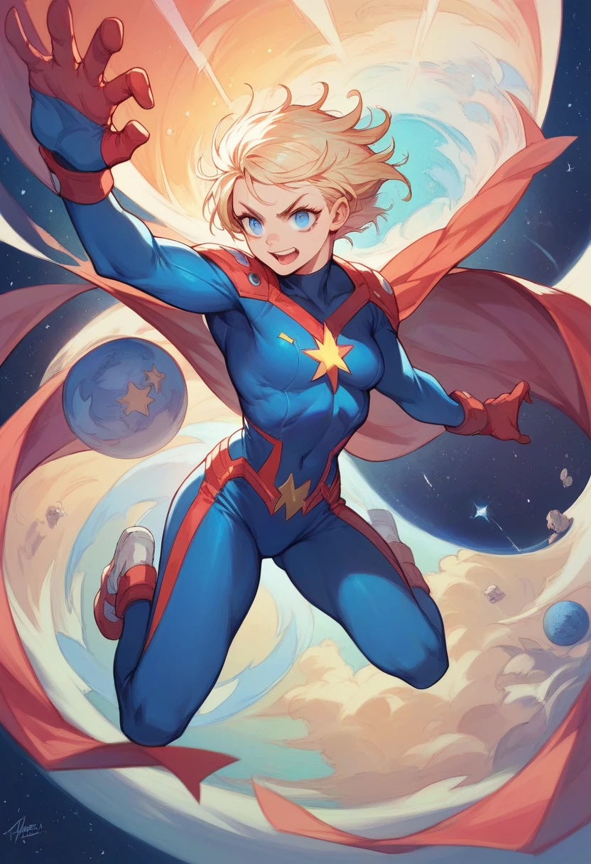 ((She's in space)), (Superhero Power Girl floating above the planet)), (There&#39;s a look of disdain on her face), (Power Girl has blonde hair, she has short hair)), (pin-up) (Power girl wearing white bodysuit, blue gloves and boots, And Little Red Riding Hood), better quality) 1.5, 1 woman, alone, (sexy, Pretty Woman, perfect face, perfect eyes), whole body.