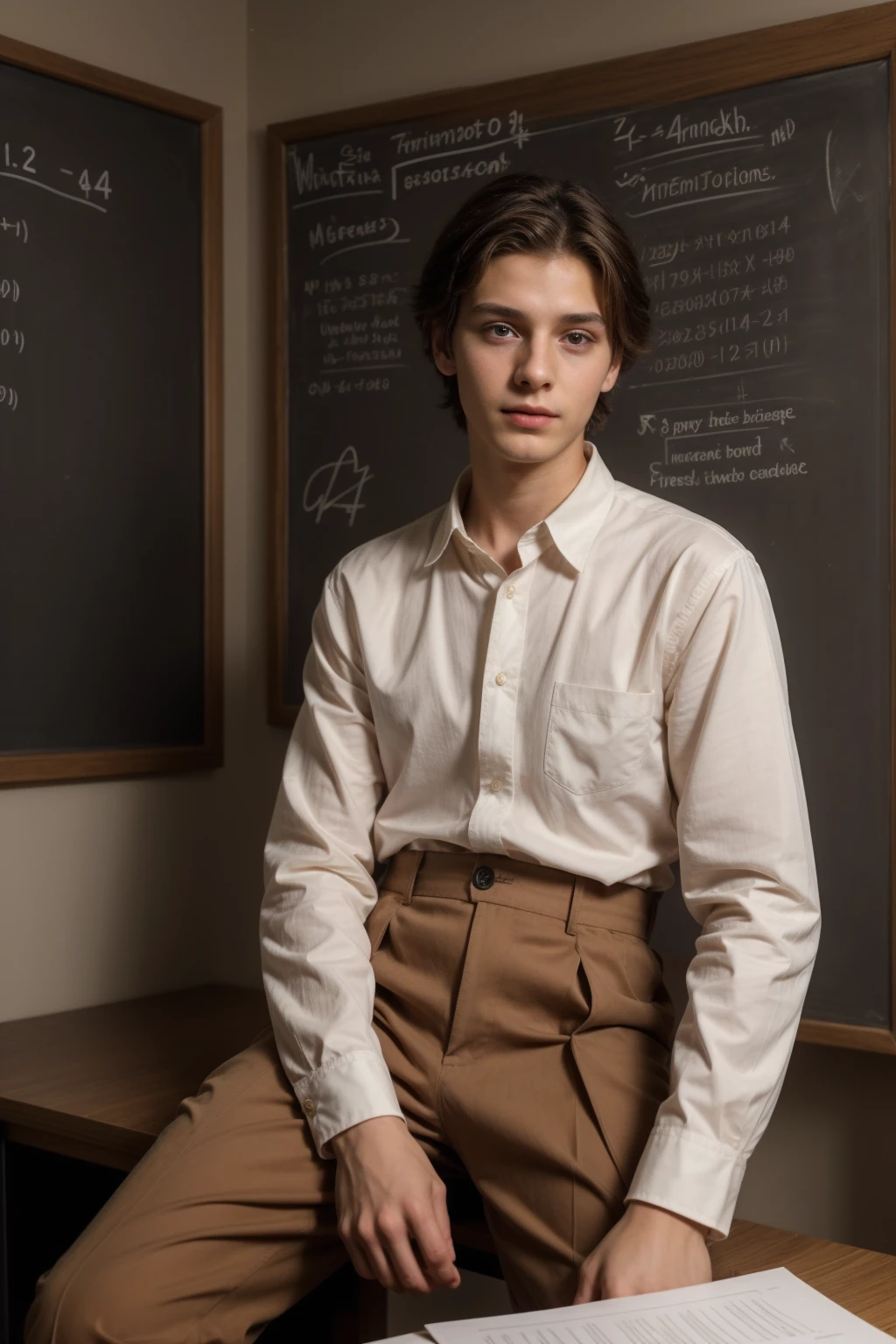 A young male twink, 24 years old, with a cute angel face, with makeup and black hair, wearing a luxurious, long-sleeved, white shirt and brown medieval pants. Behind him is a blackboard with a huge mathematics problem written on it, and he looks proudly as he sits at a desk with medical tools on it, and he has a face. Innocent