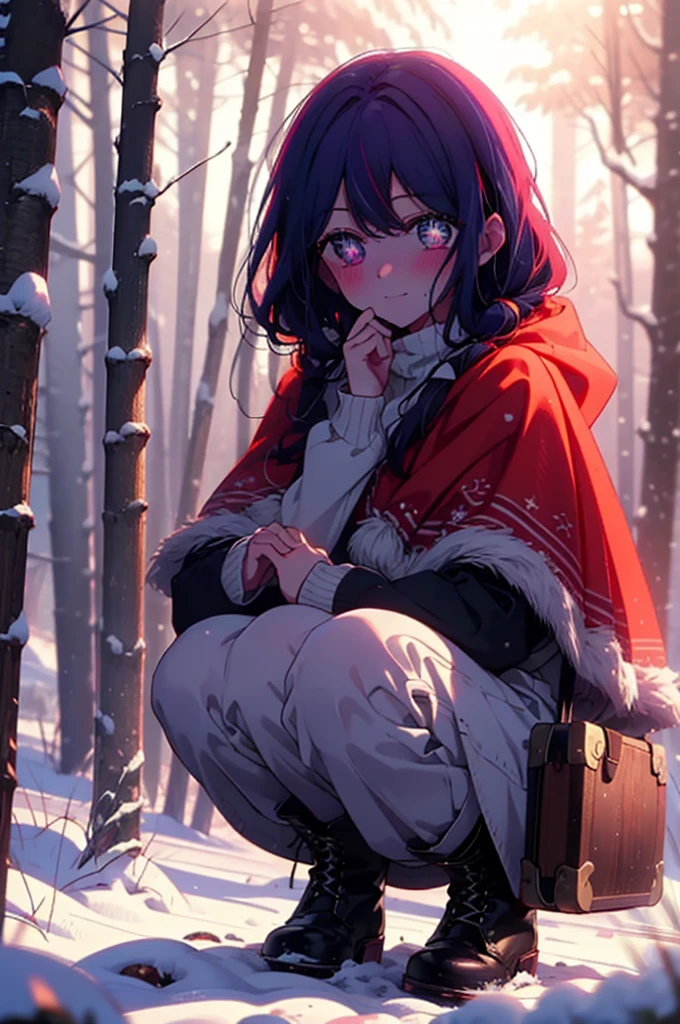 aihoshino, Ai Hoshino, Long Hair, bangs, (Purple eyes:1.1), Purple Hair, (Symbol-shaped pupil:1.5), smile,,smile,blush,white breath,
Open your mouth,snow,Ground bonfire, Outdoor, boots, snowing, From the side, wood, suitcase, Cape, Blurred, , forest, White handbag, nature,  Squat, Mouth closed, Cape, winter, Written boundary depth, Black shoes, red Cape break looking at viewer, Upper Body, whole body, break Outdoor, forest, nature, break (masterpiece:1.2), Highest quality, High resolution, unity 8k wallpaper, (shape:0.8), (Beautiful and beautiful eyes:1.6), Highly detailed face, Perfect lighting, Extremely detailed CG, (Perfect hands, Perfect ???????),
