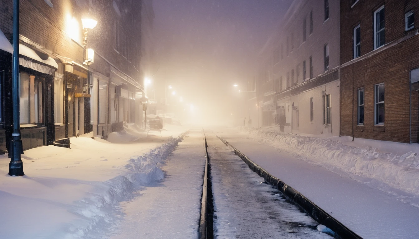 Broken underground pipe beside a city street,Water vapor ejection,Blizzard weather,Lots of snow,Night,Late Night,Night view