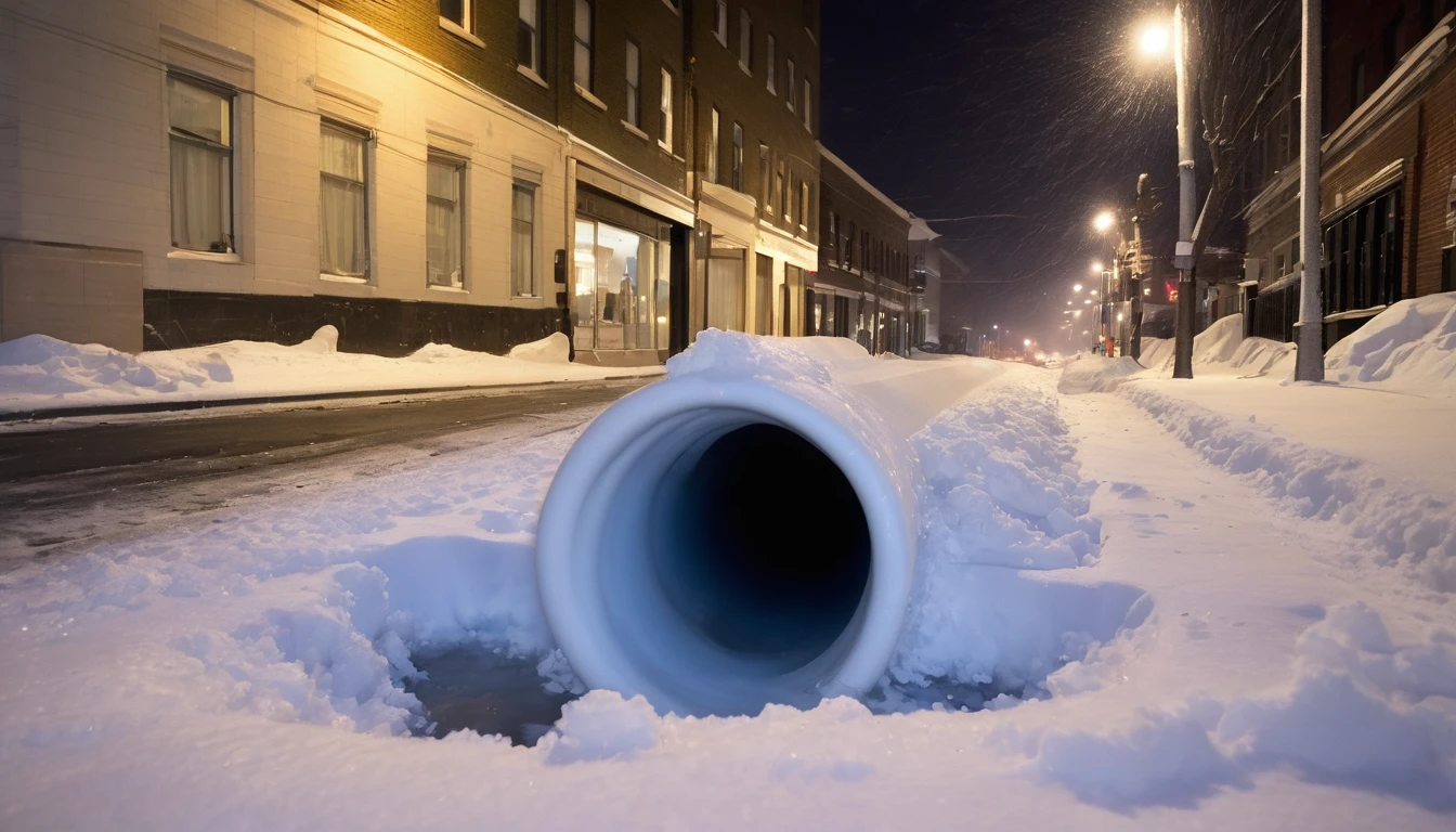 Broken underground pipe beside a city street,Water vapor ejection,Blizzard weather,Lots of snow,Night,Late Night,Night view
