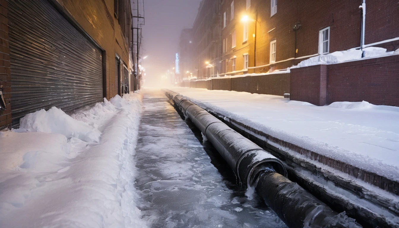 Broken underground pipe beside a city street,Water vapor ejection,Blizzard weather,Lots of snow,Night,Late Night,Night view
