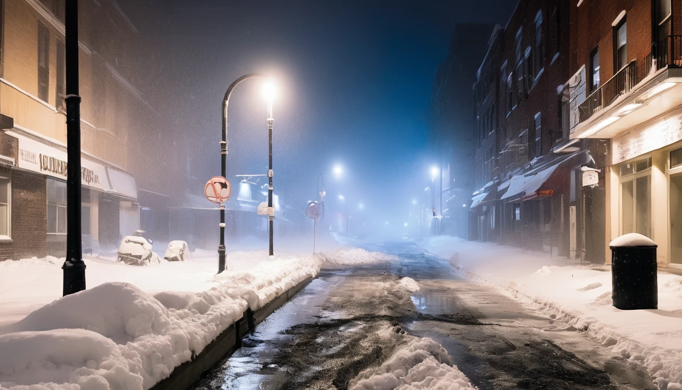 Broken underground pipe beside a city street,Water vapor ejection,Blizzard weather,Lots of snow,Night,Late Night,Night view