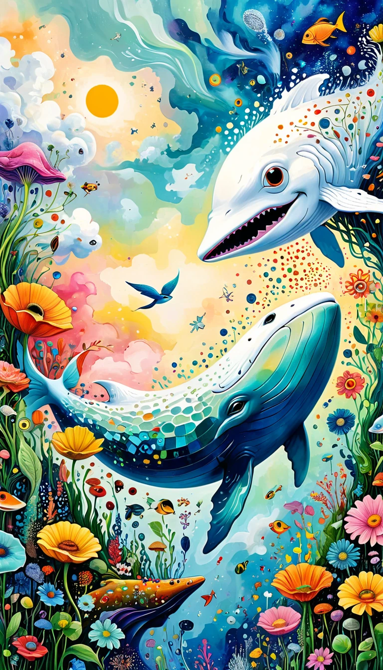 Children's graffiti,Thick coating,Concave and convex texture,Oil pastel strokes:Artists from the stars,Child,joy, Flying white Whale:1.37、Eruption Cloud、flowesh、章fish触手瀑布。、bird、(((Eye)))、diatom,Abstract mosaic painting,Describing the inner world of autistic people,Large area of white,interesting,Innocence,Vision,Psychedelic Art,