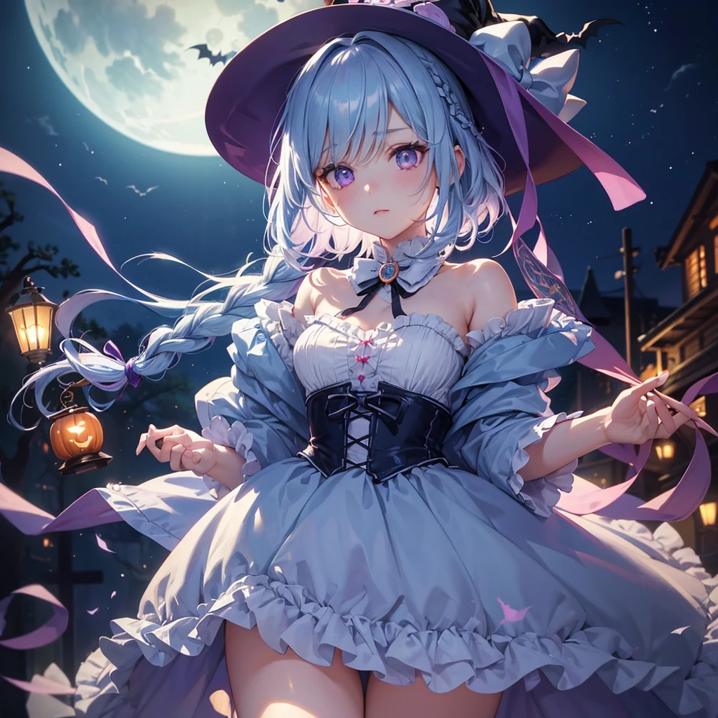 (Light blue medium hair),(Braided hair)、Pink eyes、Fair skin、cowboy shot、Halloween、The background is a pumpkin ghost、Crescent Moon、Trick or Treat、A lot of sweets、witch、Halloween night、Candy、many bat、Condescending expression、solo、(masterpiece、Highest quality、Very detailed、Best Shadow)、(Detailed Background)、(Beautifully detailed face)、High contrast、(Best lighting、Very delicate and beautiful)、(Cinematic Light)、colorful、Hyper Detail、Dramatic Light、Exquisite detail、