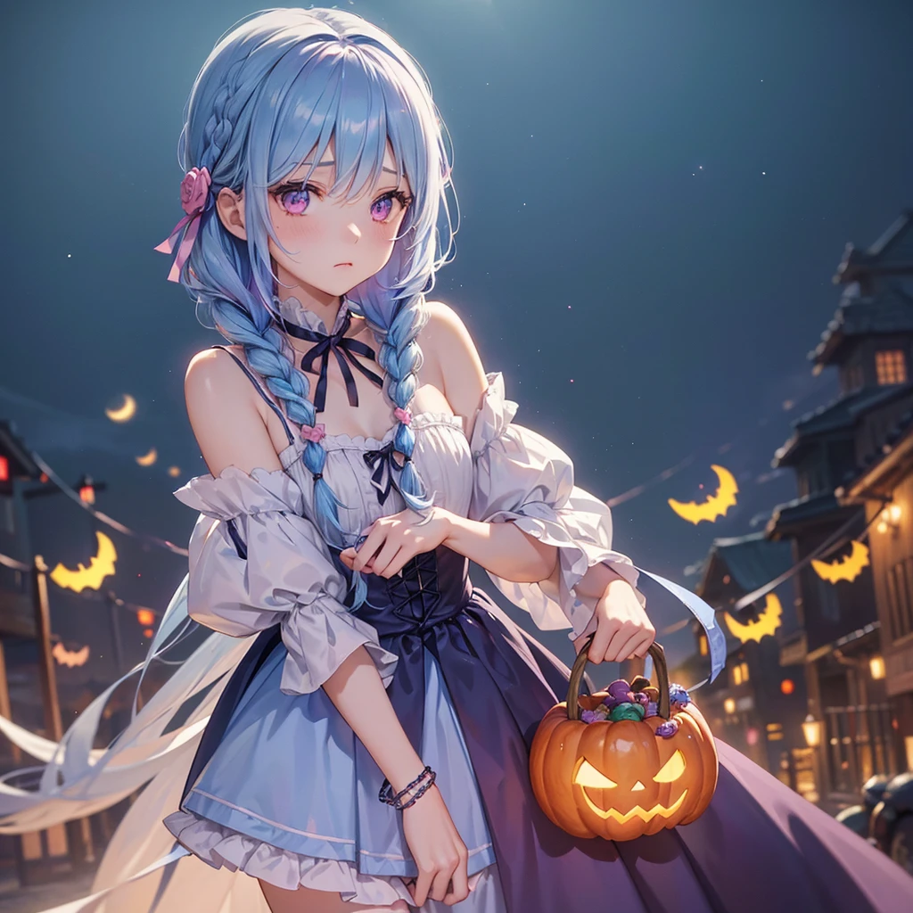 (Light blue medium hair),(Braided hair)、Pink eyes、Fair skin、cowboy shot、Halloween、The background is a pumpkin ghost、Crescent Moon、Trick or Treat、A lot of sweets、witch、Halloween night、Candy、many bat、Condescending expression、solo、(masterpiece、Highest quality、Very detailed、Best Shadow)、(Detailed Background)、(Beautifully detailed face)、High contrast、(Best lighting、Very delicate and beautiful)、(Cinematic Light)、colorful、Hyper Detail、Dramatic Light、Exquisite detail、