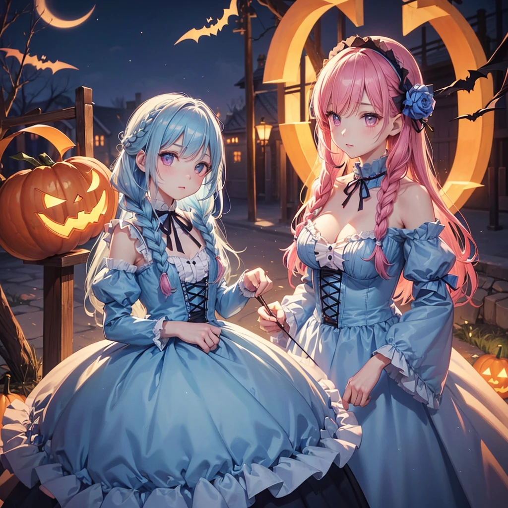 (Light blue medium hair),(Braided hair)、Pink eyes、Fair skin、cowboy shot、Halloween、The background is a pumpkin ghost、Crescent Moon、Trick or Treat、A lot of sweets、witch、Halloween night、Candy、many bat、Condescending expression、solo、(masterpiece、Highest quality、Very detailed、Best Shadow)、(Detailed Background)、(Beautifully detailed face)、High contrast、(Best lighting、Very delicate and beautiful)、(Cinematic Light)、colorful、Hyper Detail、Dramatic Light、Exquisite detail、