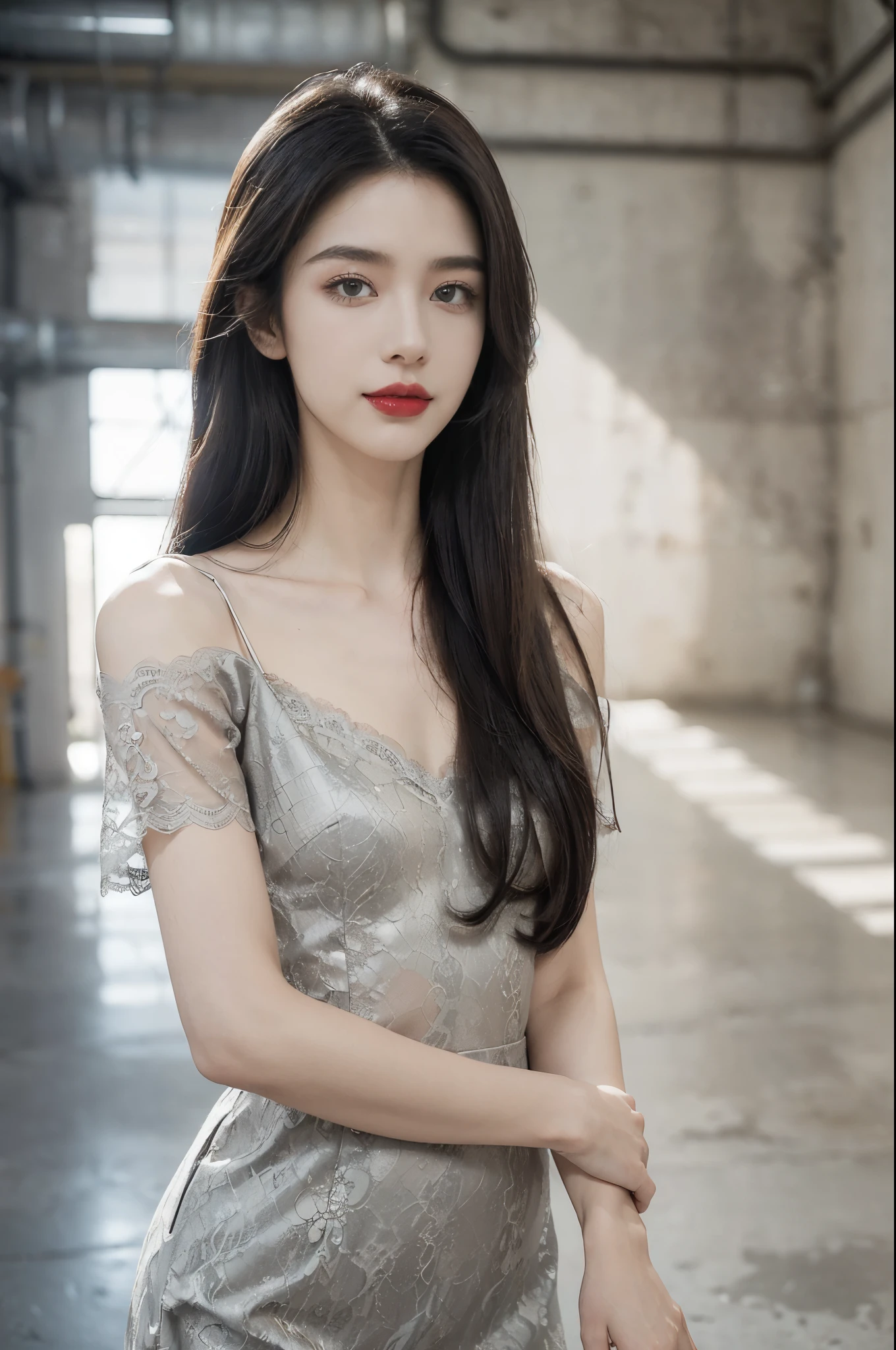 (((best quality))),(((ultra detailed))),(((masterpiece))),illustration,((1 beautiful girl,solo)),((slim,thin)),((small breasts,flat chest)),(shoulder length straight hair:1.2),summer afternoon,((unfinished concrete room,alluring,gray walls)),(short sleeves:1.2),(black lace dress:1.3),(seductive,elegant,full bosom,fair skin,golden strands,delicate features,deep brown eyes,mischief,mystery,enchanting smile,vibrant red lips,serene beauty,self-assuredness,industrial ambiance,raw cement walls,exposed pipes,sexuality,allure,refined beauty,compelling visual narrative,seductive gaze,elegant posture,industrial backdrop,lasting impression,((standing,from front,upper body))