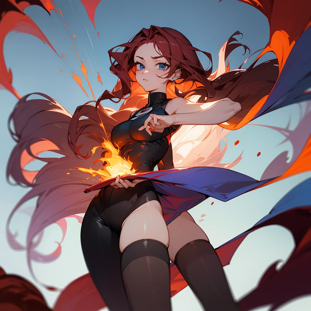 Boku no Hero Academia style character, adult woman, wine red wavy hair with white highlights, clear blue eyes, piercings na boca e no septo, droopy eyes and neutral expression, Caucasian skin. Wearing just a black sleeveless bodysuit, black thigh high socks and wine red high heel boots,has the power of fire and ice, nome Kira Todoroki