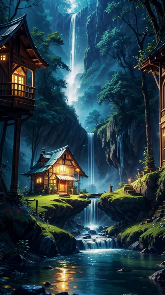 The atmosphere of a village deep in the forest where goblins live.,The trees covered half of the sky, Hazy mist, Flowing light flow, Small winding waterfall, Beautiful waterfall, Beautiful fantasy painting, bioluminescent waterfall, Golden skylight, Epic surrealist 8k oil painting, European style small house fairy tale house, Indoor lighting, Giant Wood Forest, dusk, Sunset, Calm stream, Magnificent tree,