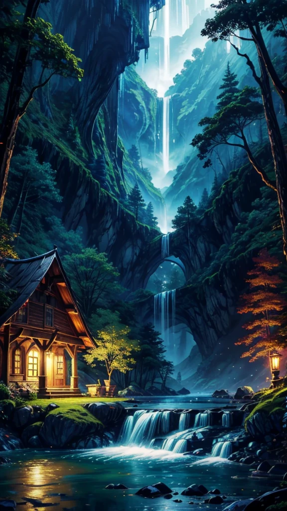 The atmosphere of a village deep in the forest where goblins live.,The trees covered half of the sky, Hazy mist, Flowing light flow, Small winding waterfall, Beautiful waterfall, Beautiful fantasy painting, bioluminescent waterfall, Golden skylight, Epic surrealist 8k oil painting, European style small house fairy tale house, Indoor lighting, Giant Wood Forest, dusk, Sunset, Calm stream, Magnificent tree,