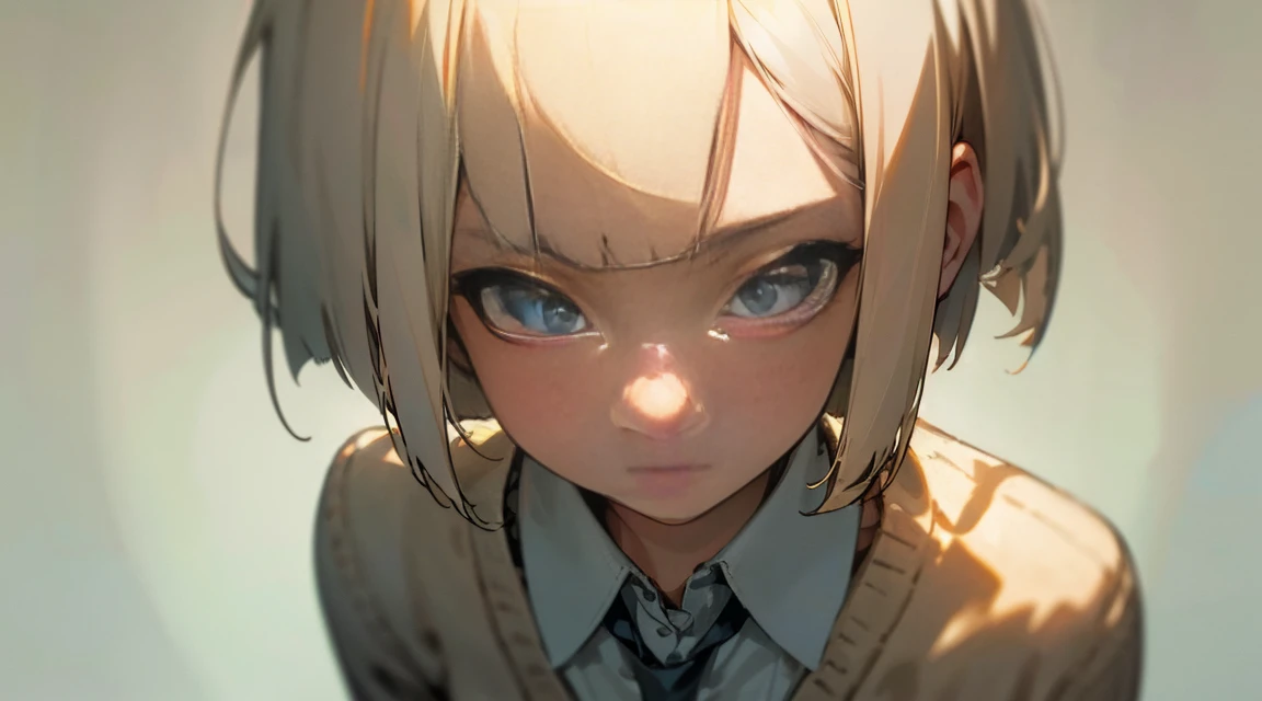 (Bob Cut Hair, Platinum Blonde Hair:1.2),(Wear a cardigan over a collared shirt:1.2),1 girl,Japanese,21 years old,(Small breasts:1.3),(Highest quality,masterpiece:1.3,超A high resolution,),(Ultra-detailed,Caustics),(Photorealistic:1.4,RAW shooting,)Ultra-Realistic Capture,Very detailed,High resolution 16K human skin close-up。 Natural skin texture、,Pores、、It needs to be detailed enough to be easily identifiable。 Skin should be even-toned and healthy looking。 Use natural light and colour, Sad expression, Looking at the camera, Perfect dynamic composition, Outdoor