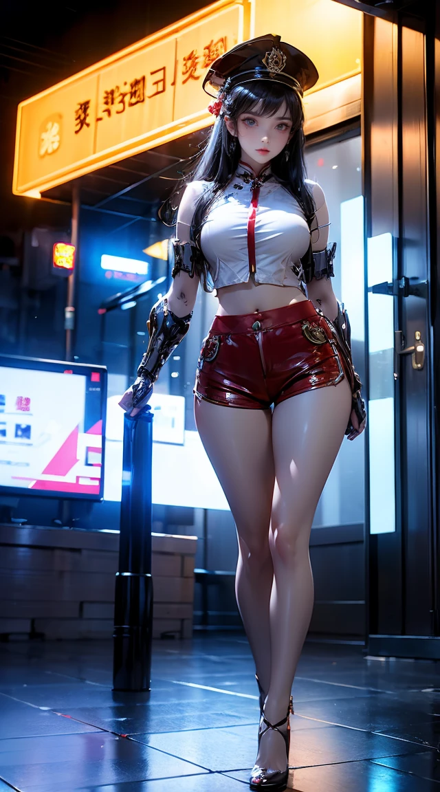 masterpiece,Best quality,high resolution, 1 big breasted girl,From below,(The legs are very thin and straight),,(Very long legs,Straight Legs),,High heel,Long Law,stand up, Leg length from the front, Perfect body,Have perfect legs,(Lure),Full body female love,Cyberpunk Characters,Dynamic poses,1 girl,Exquisite eyes,Brown eyes,Eyeshadow,make up,Long gray hair, Delicate face, Delicate eyes, Looking at the audience, Blush Blush\(make up\), Full lips, Red lips,(Long gray hair:1.3), (stand up)Mechanical static,Mechanical Summoning,(Hair accessories:1.1),hat,((((Red ,Short shorts)))),(black),City,Luminous winding,,Cyberpunk Lights:1.1),Neon lights,Full of mechanical and futuristic elements,technology,背景是中国传统street,China Town, street, sky sky, Cyberpunk Characters, paper lantern, Neon Super Resolution,(Reality:1.3),1(Slim:1.2),Dramatic Lighting,Vivid details,Luxury Cyberpunk,Complex background,Octane Rendering,