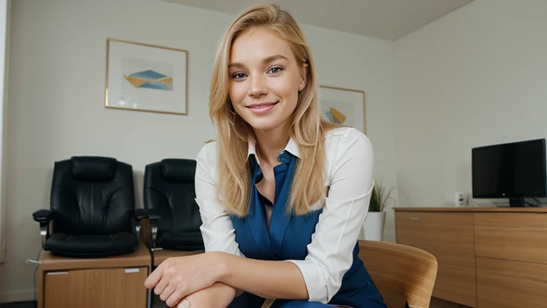 Very attractive blonde woman in an expensive business suit. blue eyes, facing the camera. In an expensive appartment. Sitting in an office chair, facing the camera. Smiling.