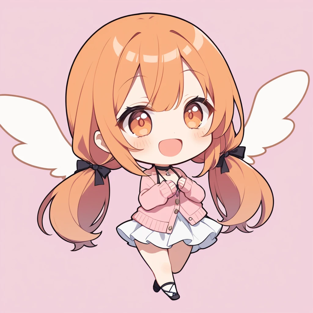 orange hair, orange eyes,girl,Pigtails with the ends tied up,laugh, Chibi, little witch, 1 woman,halterneck,White dress,pink cardigan,panties,Angel Wings