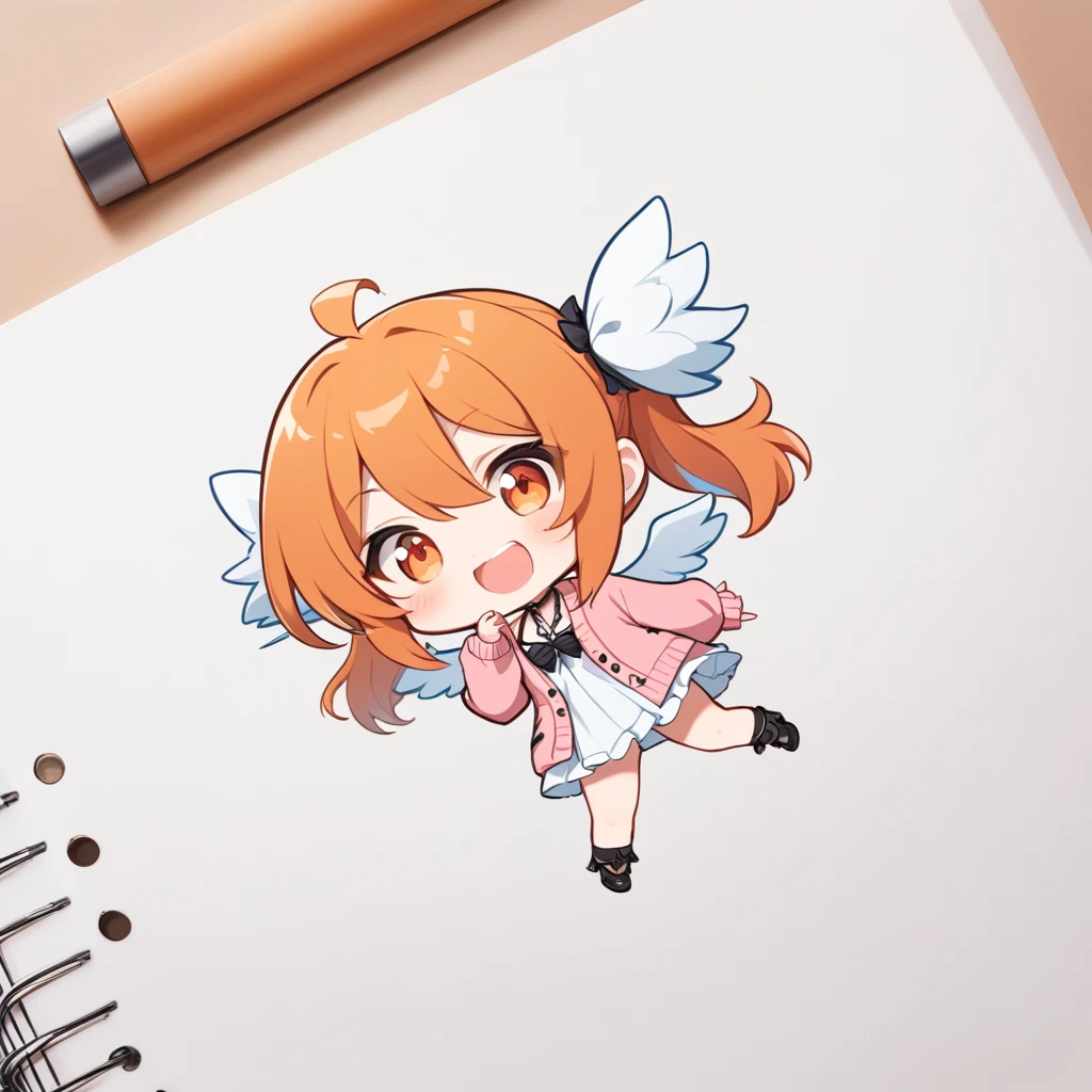 orange hair, orange eyes,girl,Pigtails with the ends tied up,laugh, Chibi, little witch, 1 woman,halterneck,White dress,pink cardigan,panties,Angel Wings