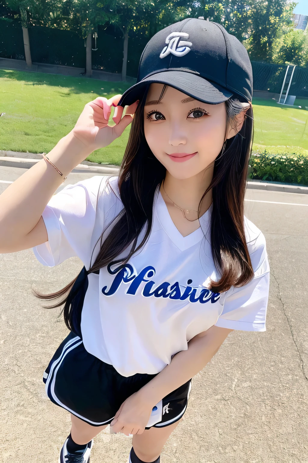 (Highest quality, 8k, 32K, masterpiece, Ultra-high resolution: 1.2), 1 Girl, Beautiful Japanese Woman, 10th Generation,Standing posture,Long black hair, hot pants, Large white basketball uniform, Black cap、Basketball shoes, Summer sunshine in the park, (smile： 1.2), (Cute pose：1.5）,（好きな人にsmileを向ける)