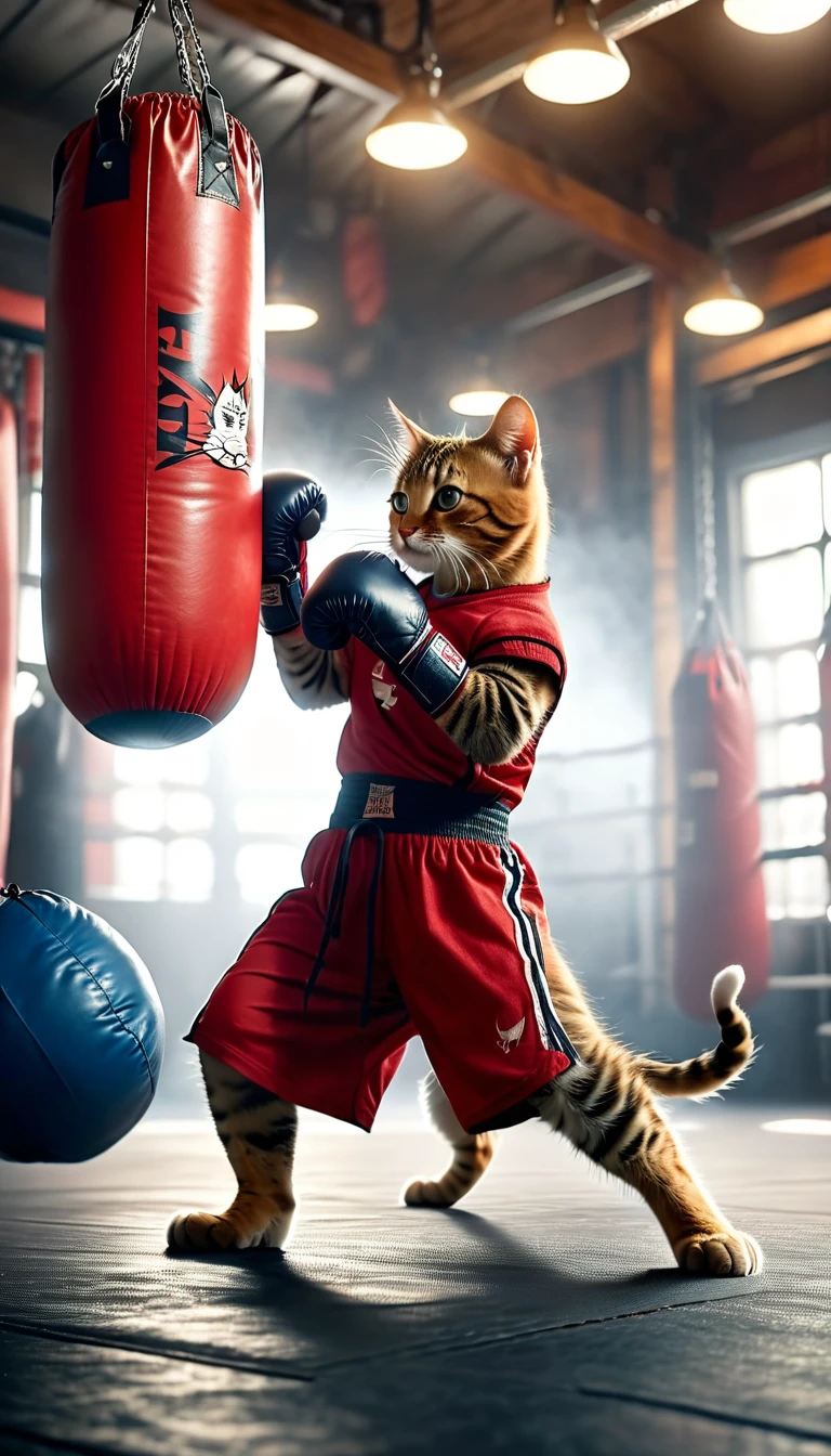 ((8k)), Highest quality, 超high resolution, A cat punching a punching bag in a boxing gym, Boxing gloves in both hands, Wearing a red jersey