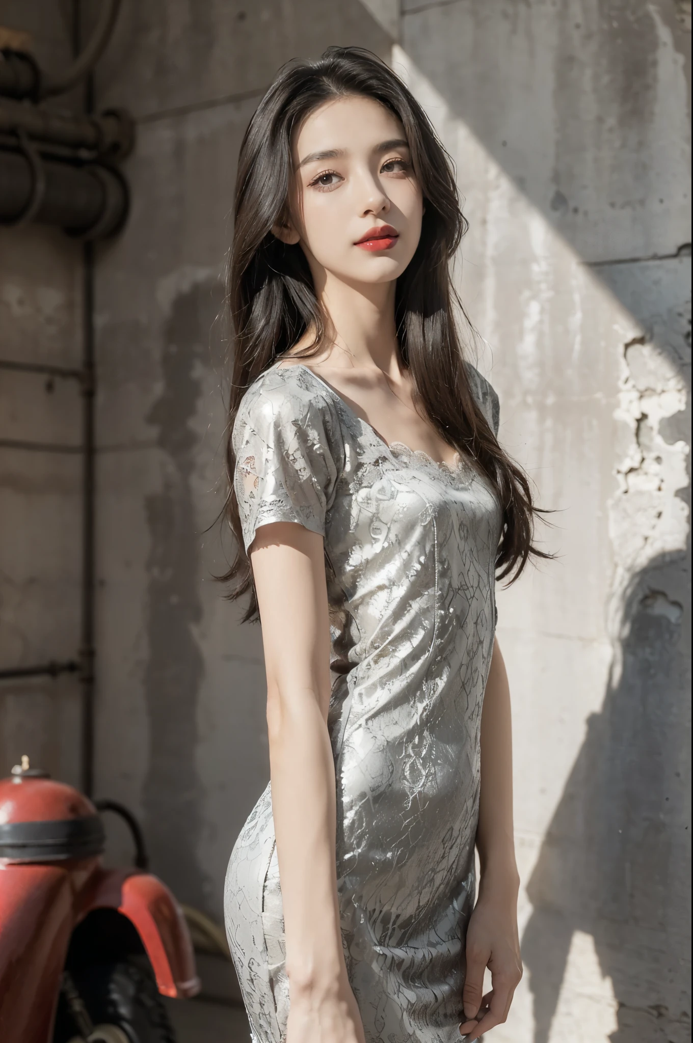 (((best quality))),(((ultra detailed))),(((masterpiece))),illustration,((1 beautiful girl,solo)),((slim,thin)),((small breasts,flat chest)),(shoulder length straight hair:1.2),summer afternoon,((unfinished concrete room,alluring,gray walls)),(short sleeves:1.2),(black lace dress:1.3),(seductive,elegant,full bosom,fair skin,golden strands,delicate features,deep brown eyes,mischief,mystery,enchanting smile,vibrant red lips,serene beauty,self-assuredness,industrial ambiance,raw cement walls,exposed pipes,sexuality,allure,refined beauty,compelling visual narrative,seductive gaze,elegant posture,industrial backdrop,lasting impression,((standing,from front,upper body))