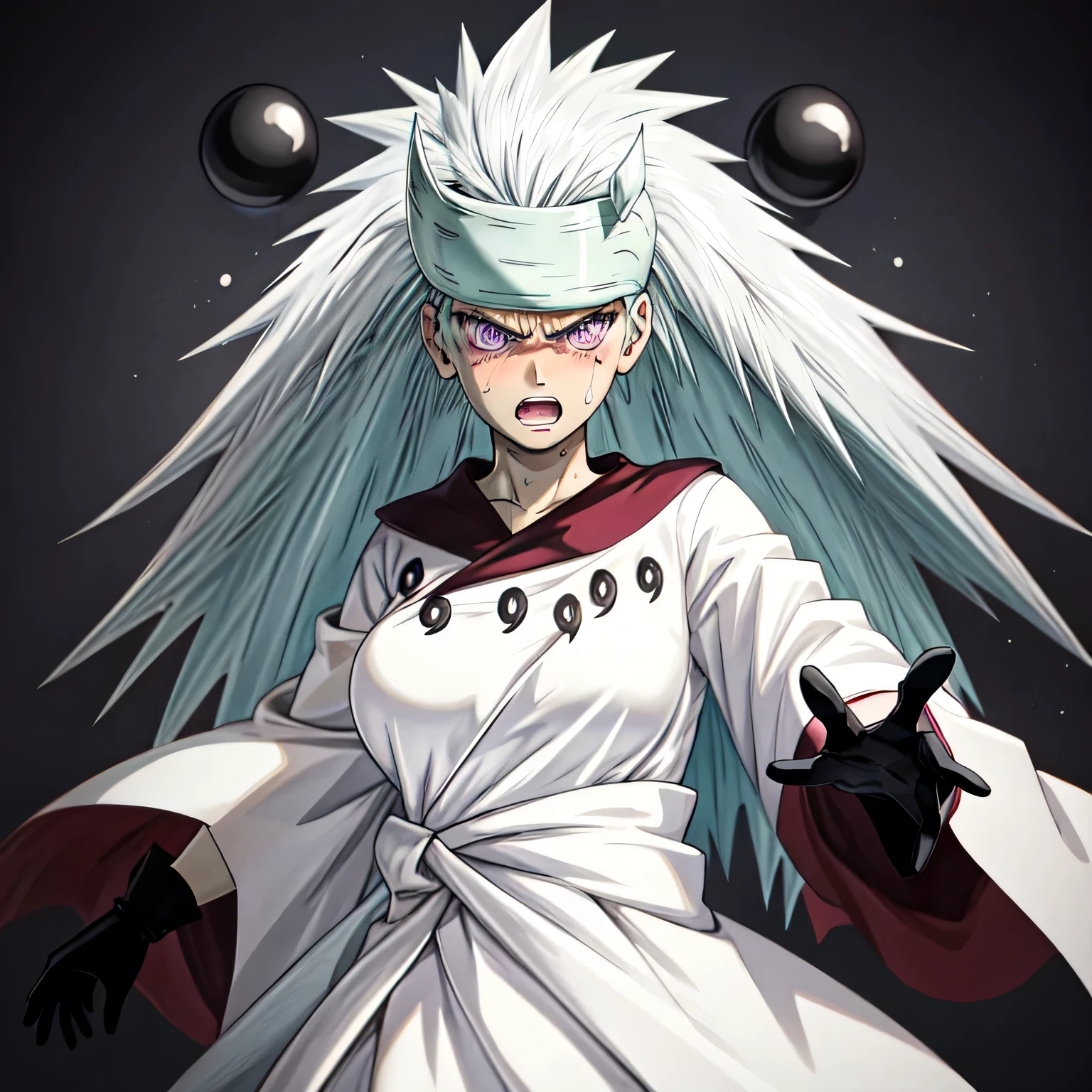 Madara, 1girl, masterpiece, best quality, pale skin, long hair, gray hair, white tunic, black collar, black gloves, headband, black balls, purple eyes, upper body, large breasts, angry, sweating, scared, open mouth, teeth, blushing, simple background, looking at viewer