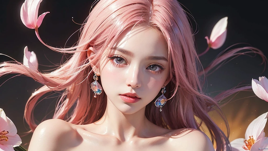 One girl, alone, flower畑, flower, (Official Art, unity 8k wallpaper, Super detailed, beautifully、aesthetic, masterpiece ,Highest quality:1.3), (Dynamic Angle:1.2), (Floating colorful sparkles:1) , elegant, Vibrant colors, Highly detailed face, Detailed eyes, Glowing Skin, Glossy Lips , Pale pink and pale orange background, Pink Hair,