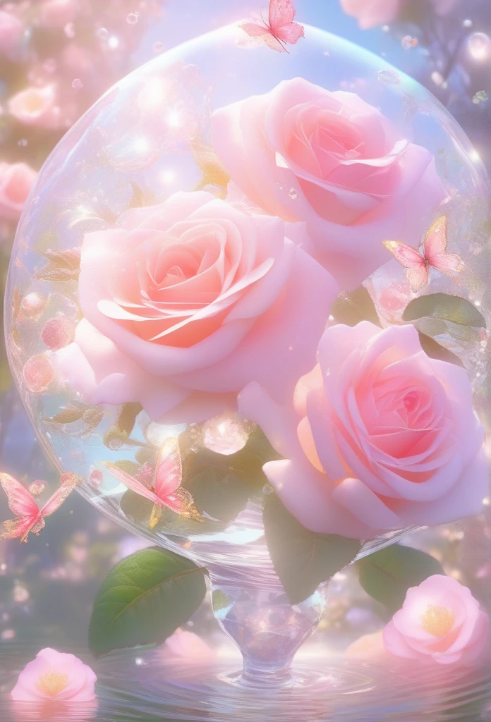 Flower Art, Rose, Fantasy, photograph, cute, cuteアニメ, Pale pink and light color style, Sparkling, Sparkling water reflections, Rococo portrait, Ether Tree, monoplane, les nabis,Tranquility,dream-like,16K high resolution, masterpiece, Highest quality, rose garden、like