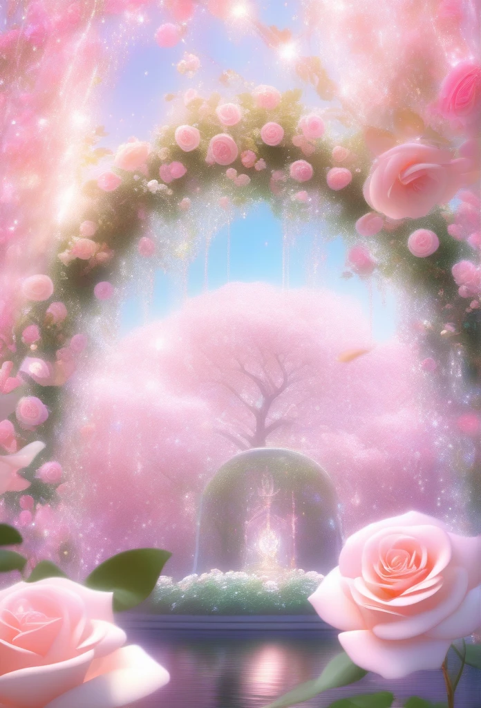 Flower Art, Rose, Fantasy, photograph, cute, cuteアニメ, Pale pink and light color style, Sparkling, Sparkling water reflections, Rococo portrait, Ether Tree, monoplane, les nabis,Tranquility,dream-like,16K high resolution, masterpiece, Highest quality, rose garden、like