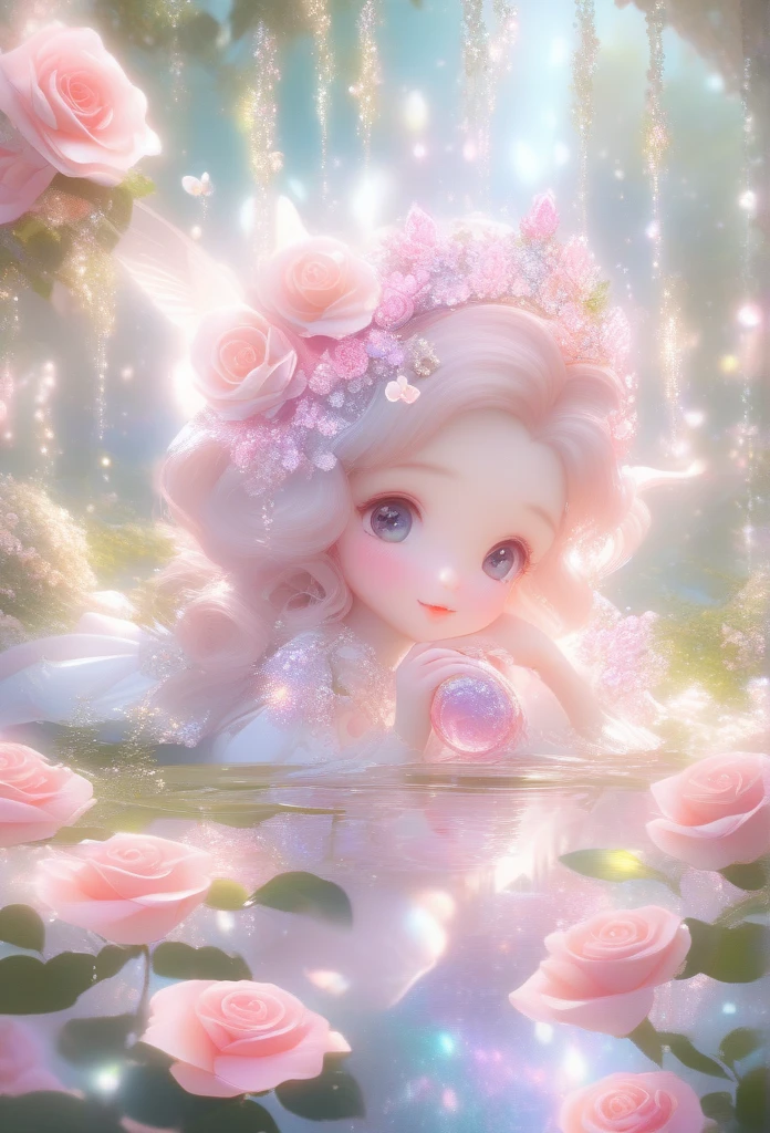 Flower Art, Rose, Fantasy, photograph, cute, cuteアニメ, Pale pink and light color style, Sparkling, Sparkling water reflections, Rococo portrait, Ether Tree, monoplane, les nabis,Tranquility,dream-like,16K high resolution, masterpiece, Highest quality, rose garden、like