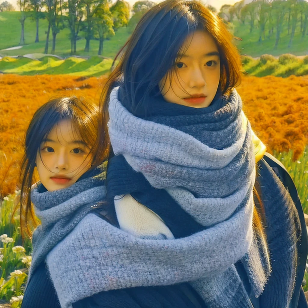 8k, best quality, masterpiece, realistic, ultra detail, photo realistic, Increase quality, 
a photo of a girl standing in a field with a scarf, in the style of dark and brooding designer, voluminous mass, photobash, serene faces, jagged edges, navy, natural beauty, close-up shot
